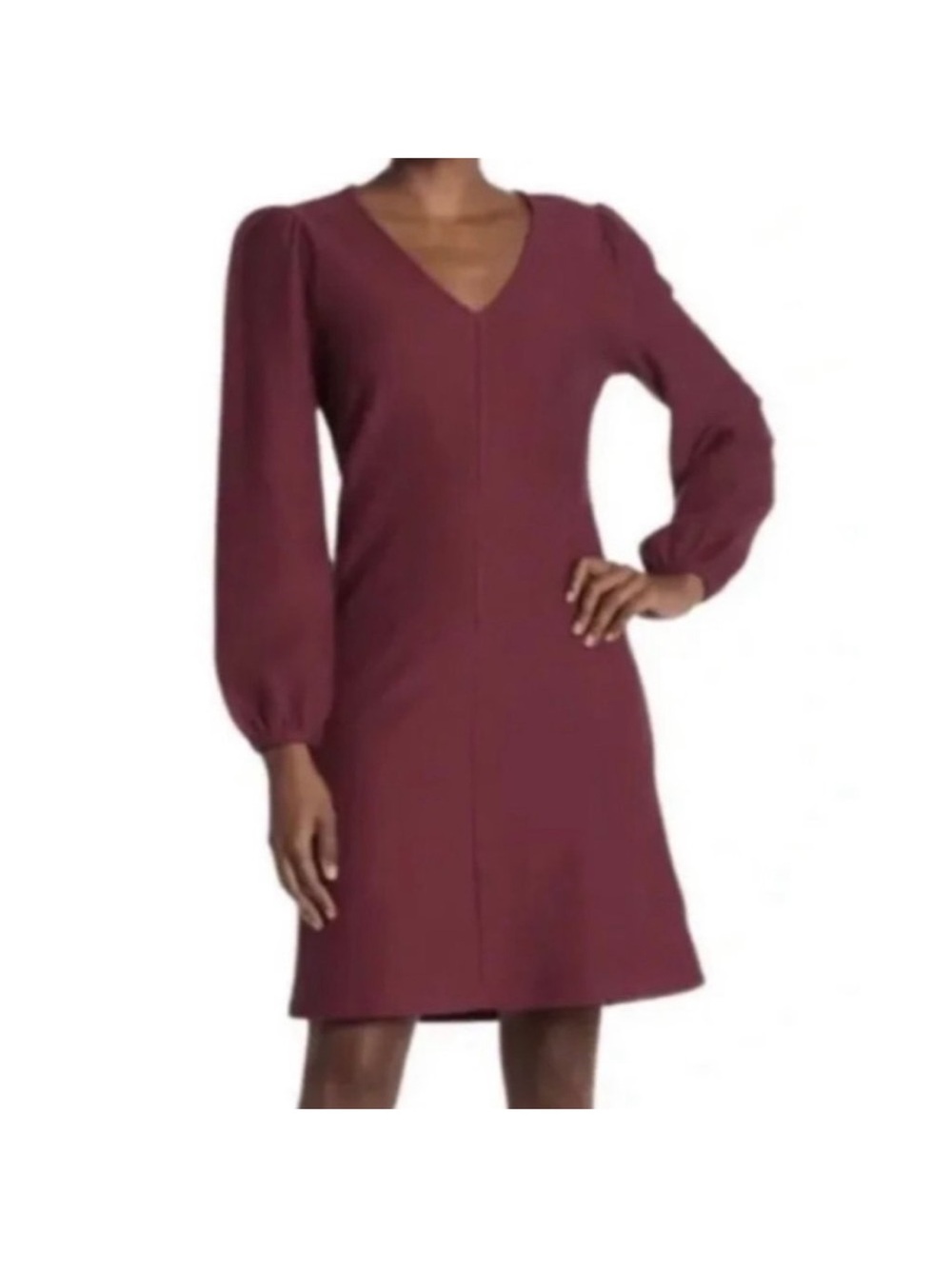 MADEWELL Burgundy Ribbed
Knit Long Balloon Sleeve V-Neck A-Line Dress